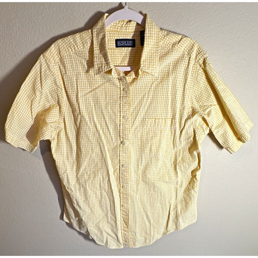 Lands’ End Women’s L Yellow/White Gingham Seersucker Button-Up Shirt